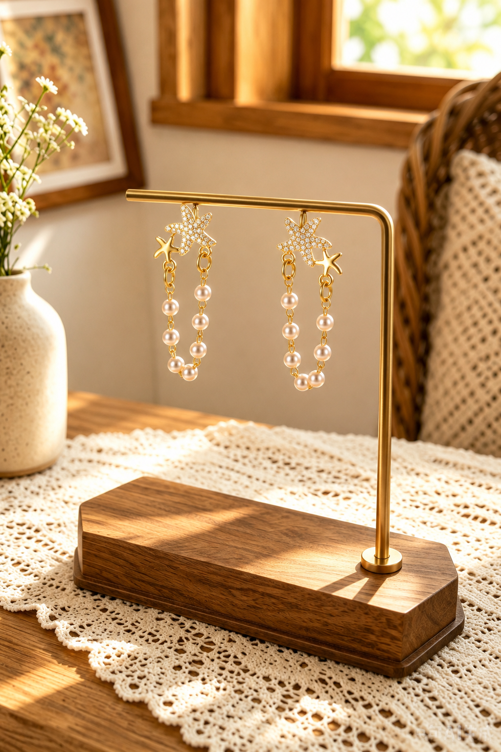 Minimalist Beach Dangle Earrings - Gold Pearl Starfish