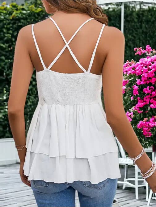 Lace Detailed Cami Ruffle Peplum Top: Beige / Medium 8-10