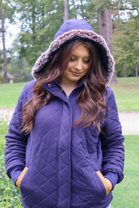 MK132 Carolina Fur Trimmed Quilted Jacket - Navy: NAVY / M