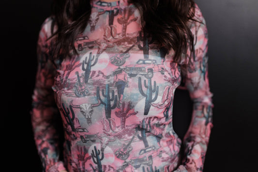 MK568 Country Road 3D LS Mesh Top: Pink / S