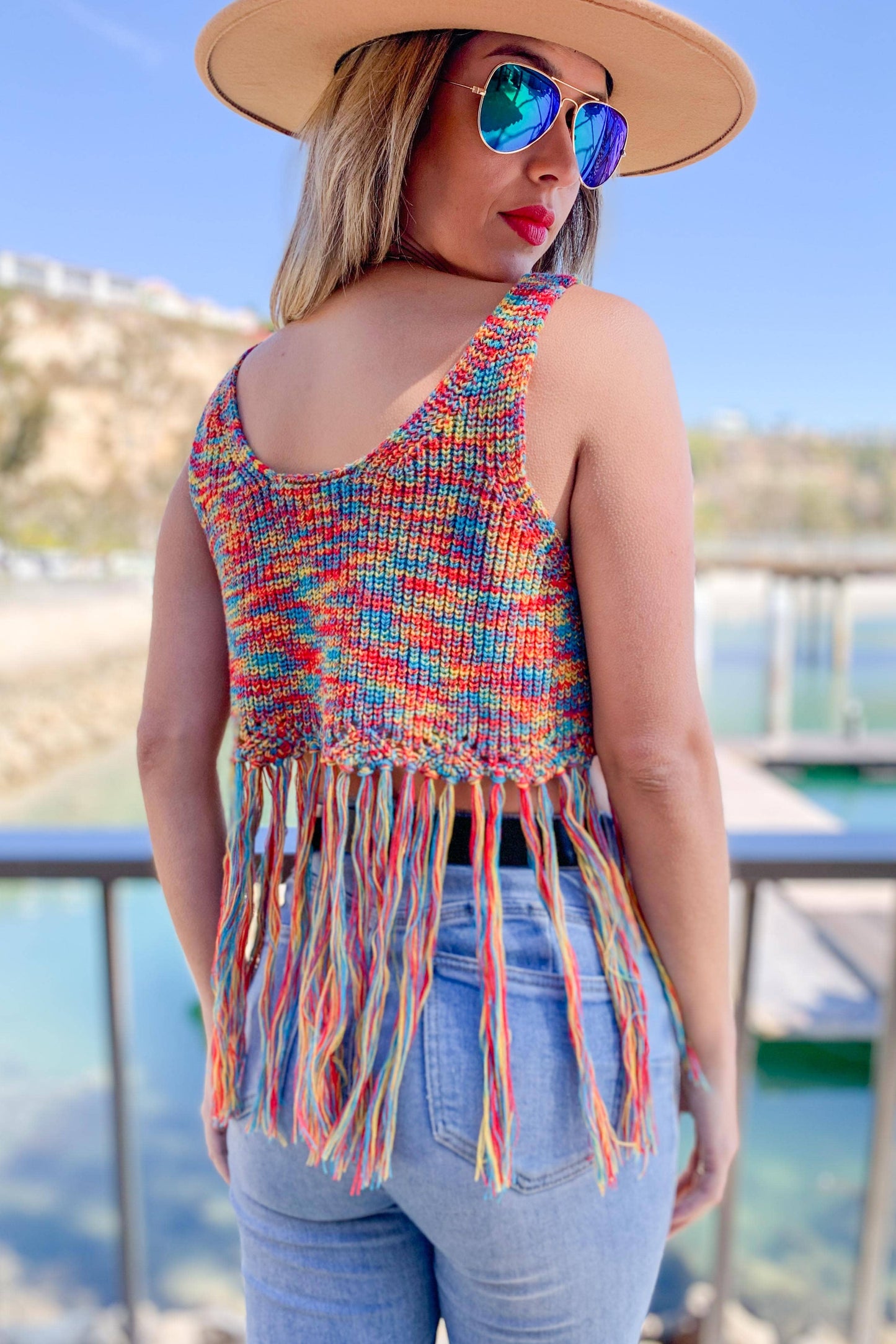Crochet Knit Crop Top With Bottom Fringe: M/L / Multi-Colored