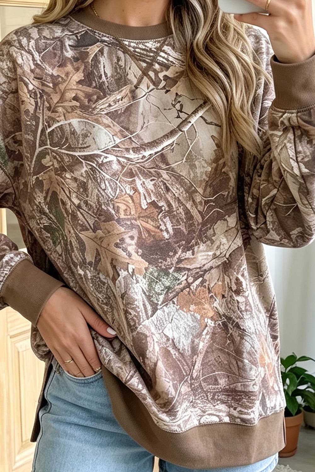 66 Abstract Camo Print Color Block Detail Sweatshirt (S-XL): Brown / M