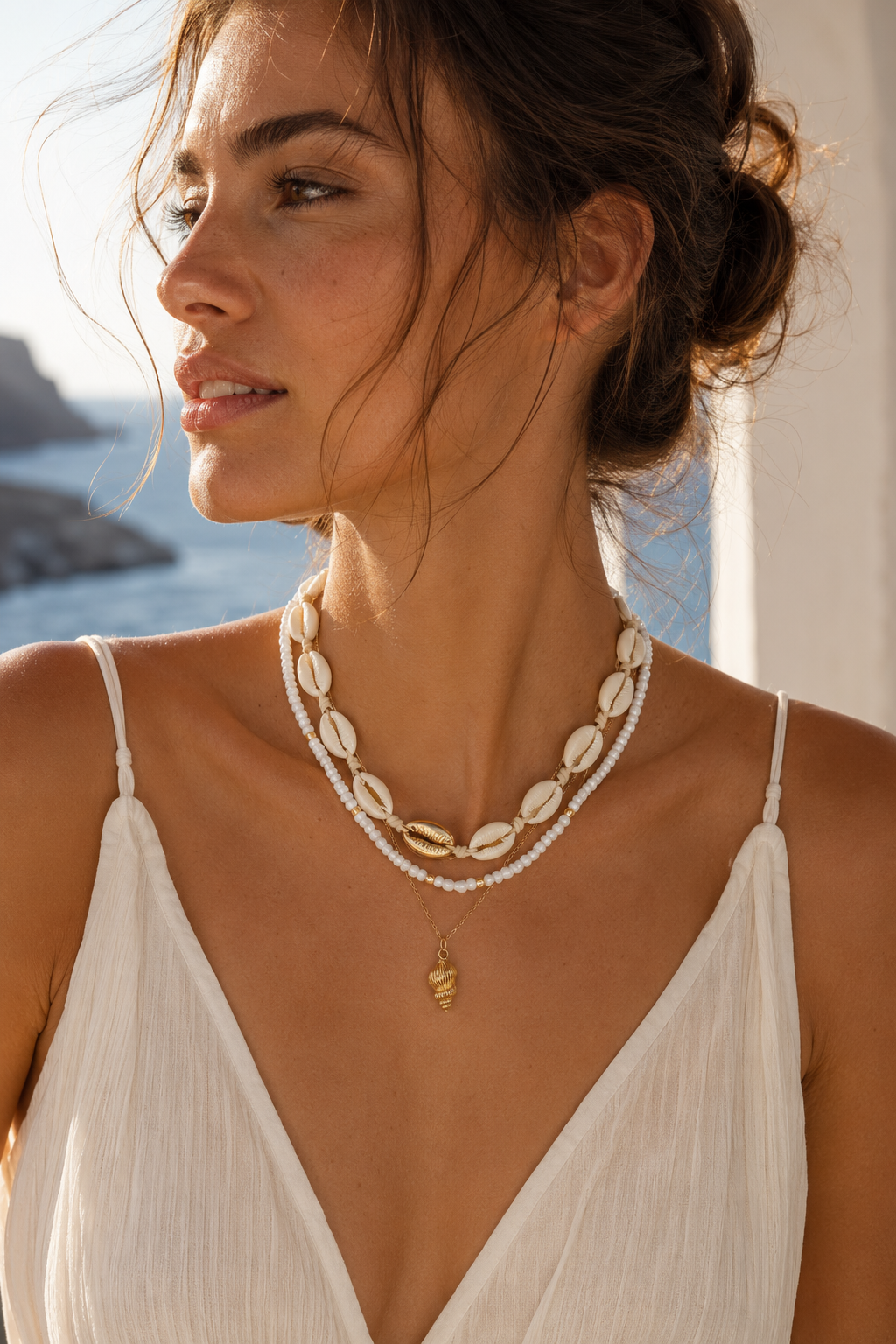 Ocean Life Pendant Necklace - 18K Gold Starfish Shell Conch: Gold Starfish & Pearl Strand