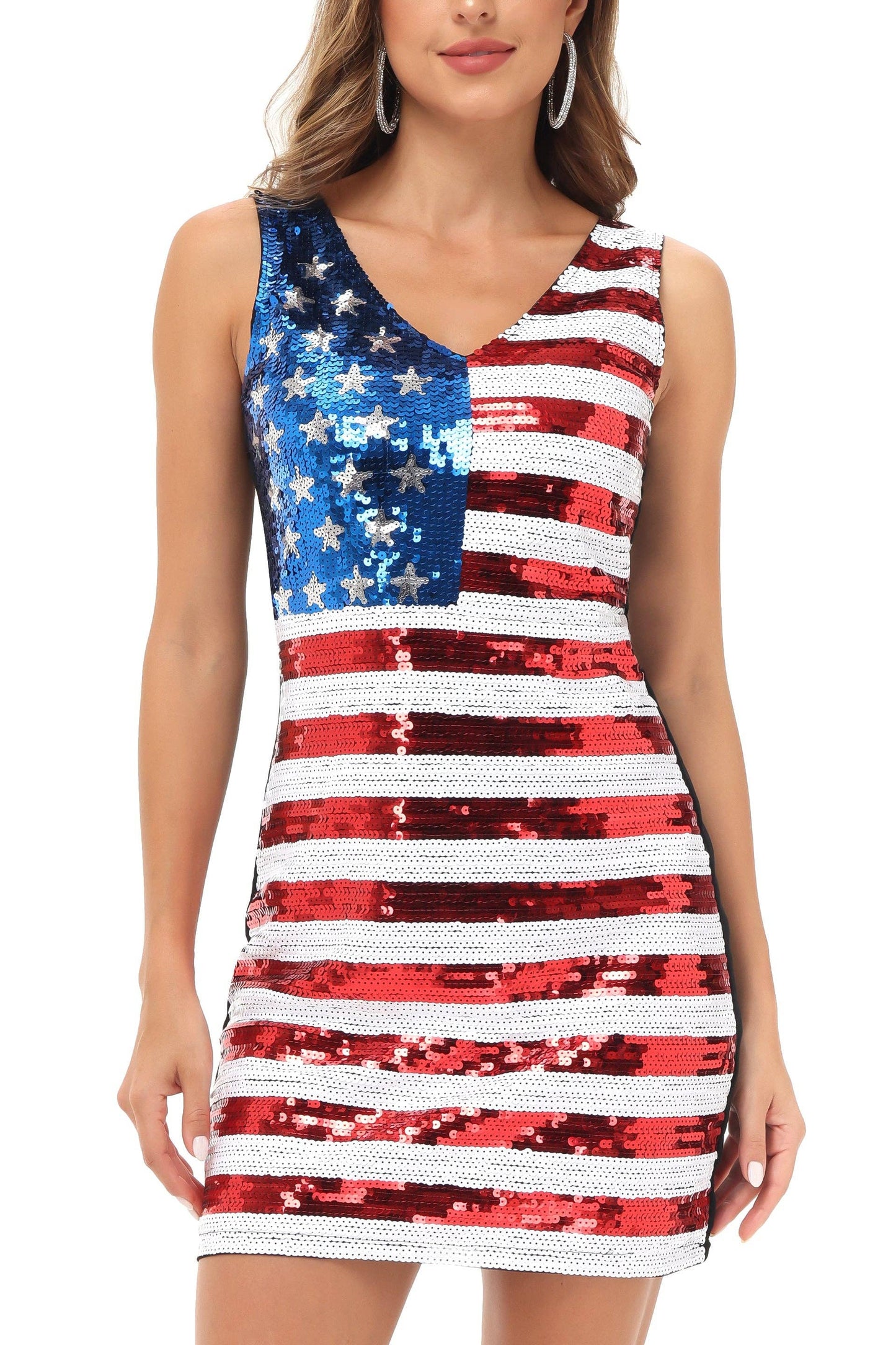 Women's American Flag Sequin Dress V-Neck Sleeveless USA Pat: Multicolored / Large 12-14