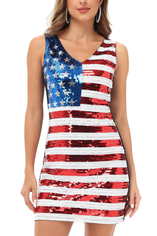 Women's American Flag Sequin Dress V-Neck Sleeveless USA - Multicolored