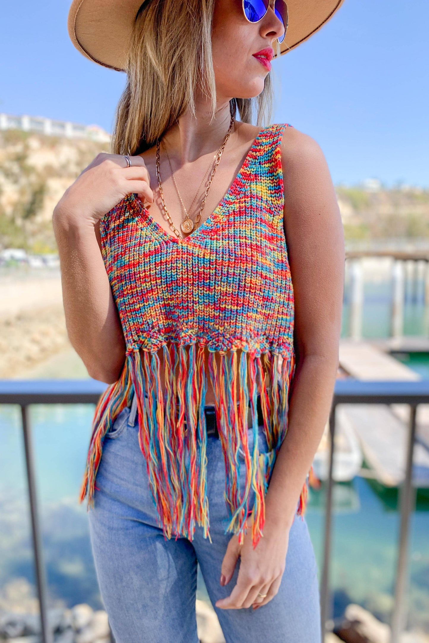 Crochet Knit Crop Top With Bottom Fringe: M/L / Multi-Colored