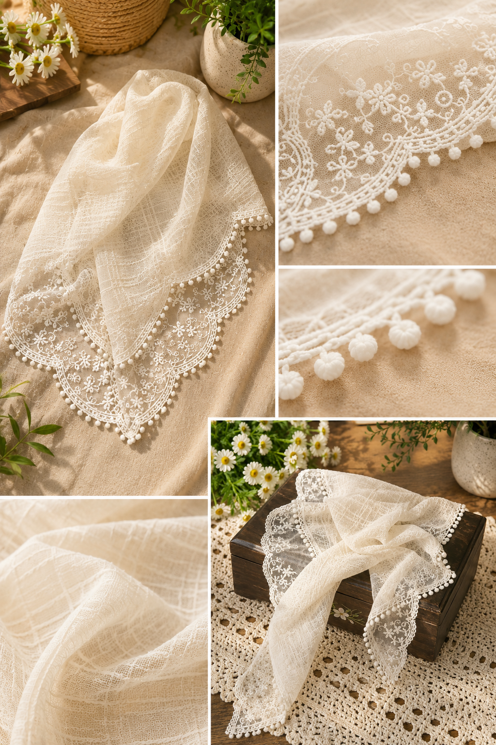 Retro French Lace Hair Scarf | Sheer Linen-Look Kerchief