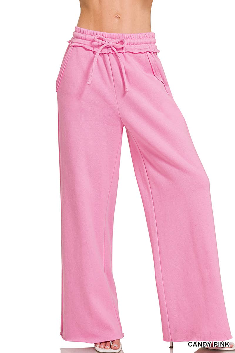 Fleece Exposed Seam Wide Leg Sweatpants - Zenana: HOT PINK-175014 / S