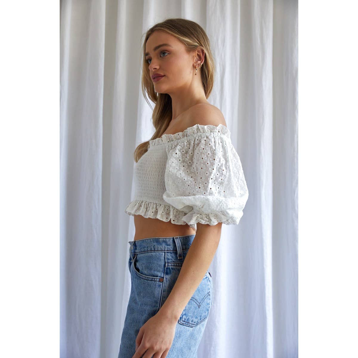Off Shoulder Smocked Crop Top