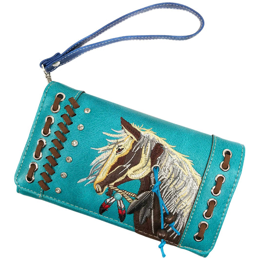 Horse Embroidery Western Crossbody Wristlet Wallet: Turquoise