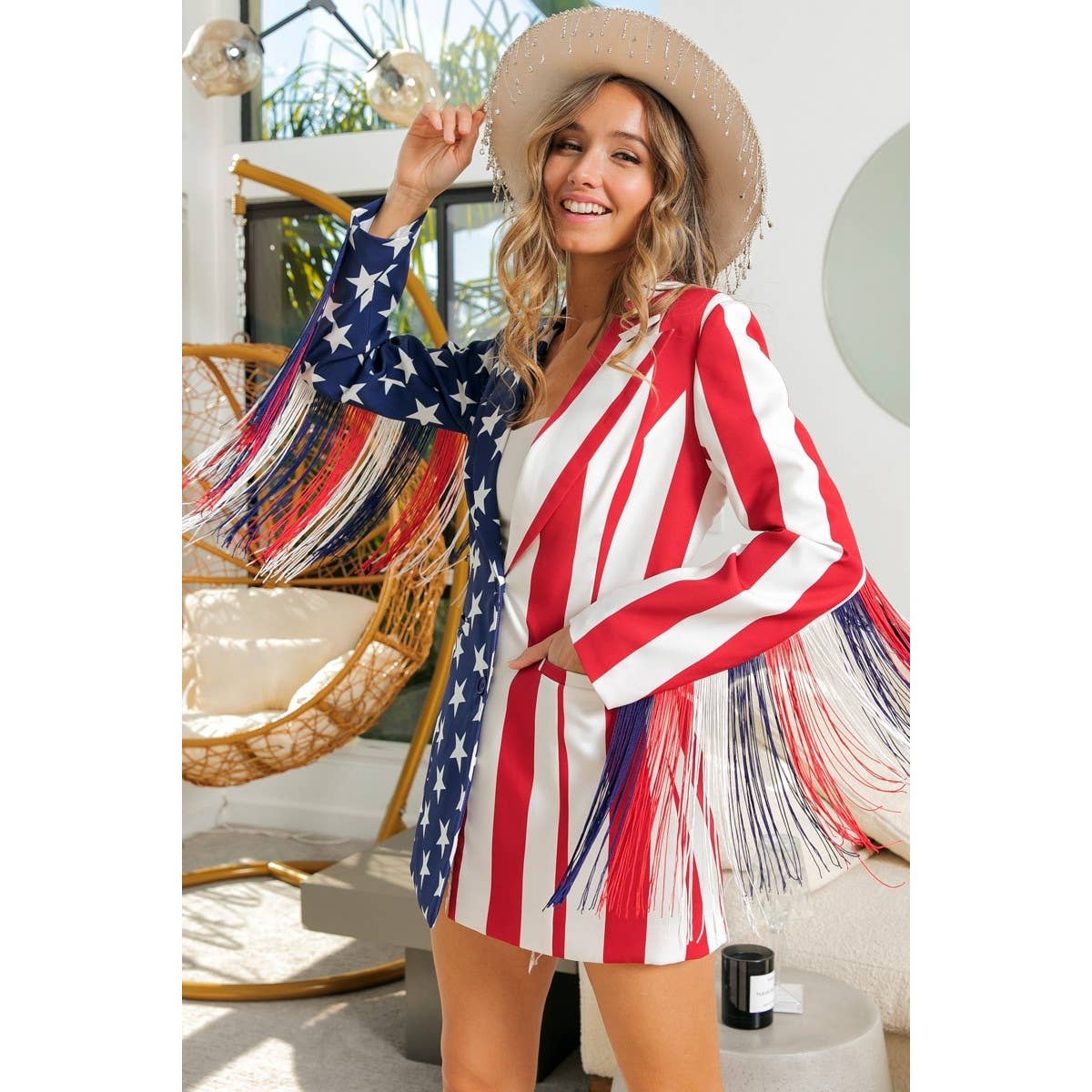 AMERICAN FLAG THEME FRING SLEEVE PEAK LAPEL BLAZER: AMERICAN FLAG