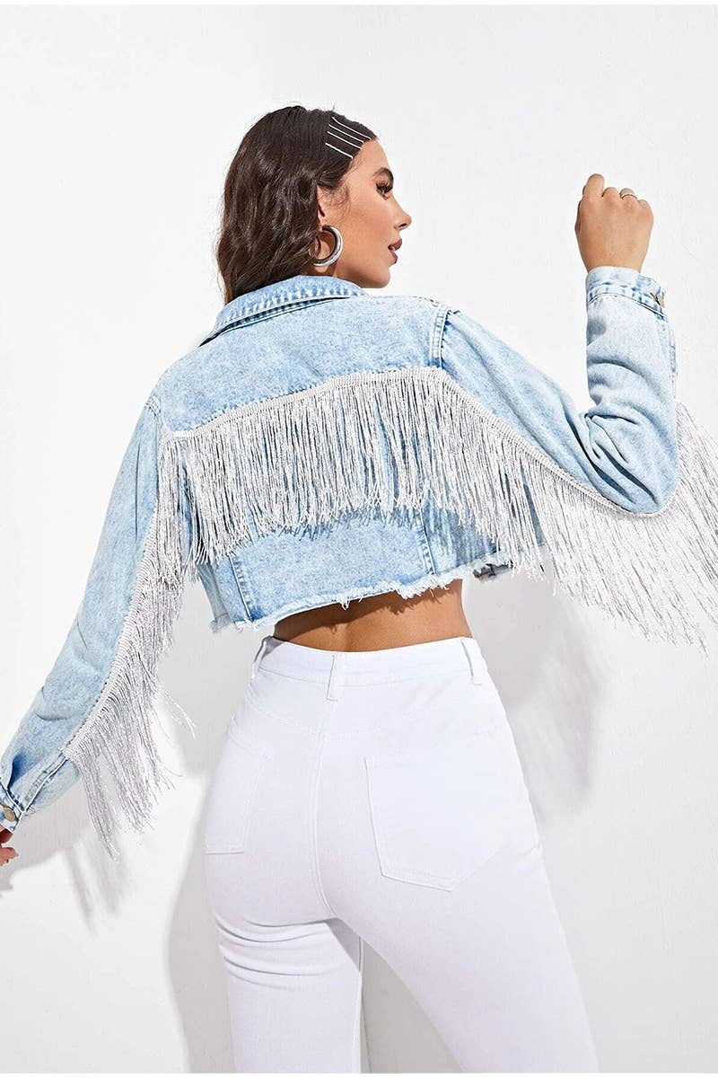 "COUNTRY GIRL" - Shimmer Fringe Detailed Crop Denim Jacket