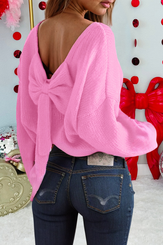 Love Backless Bubble Sleeve Back Bow Sweater Pink / Missy