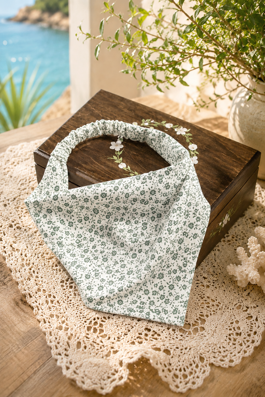 Boho Sweet Daisy Hair Kerchief | Stretch Elastic Headband: Green