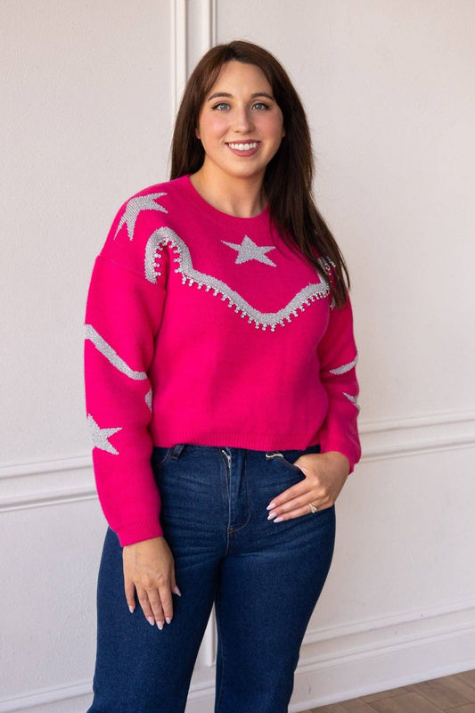 Rhinestone Wrangler Hot Pink Pullover: Hot Pink / Small