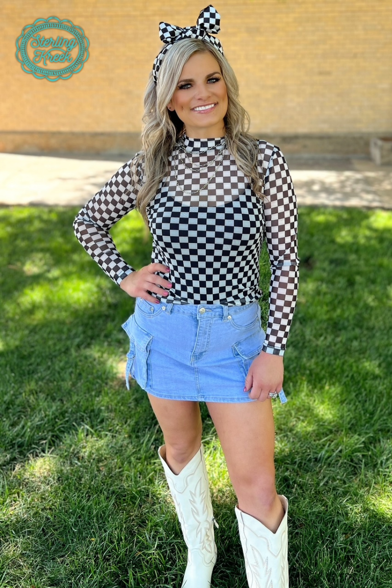 Round The Track Mesh Top -  Black and White Checkered