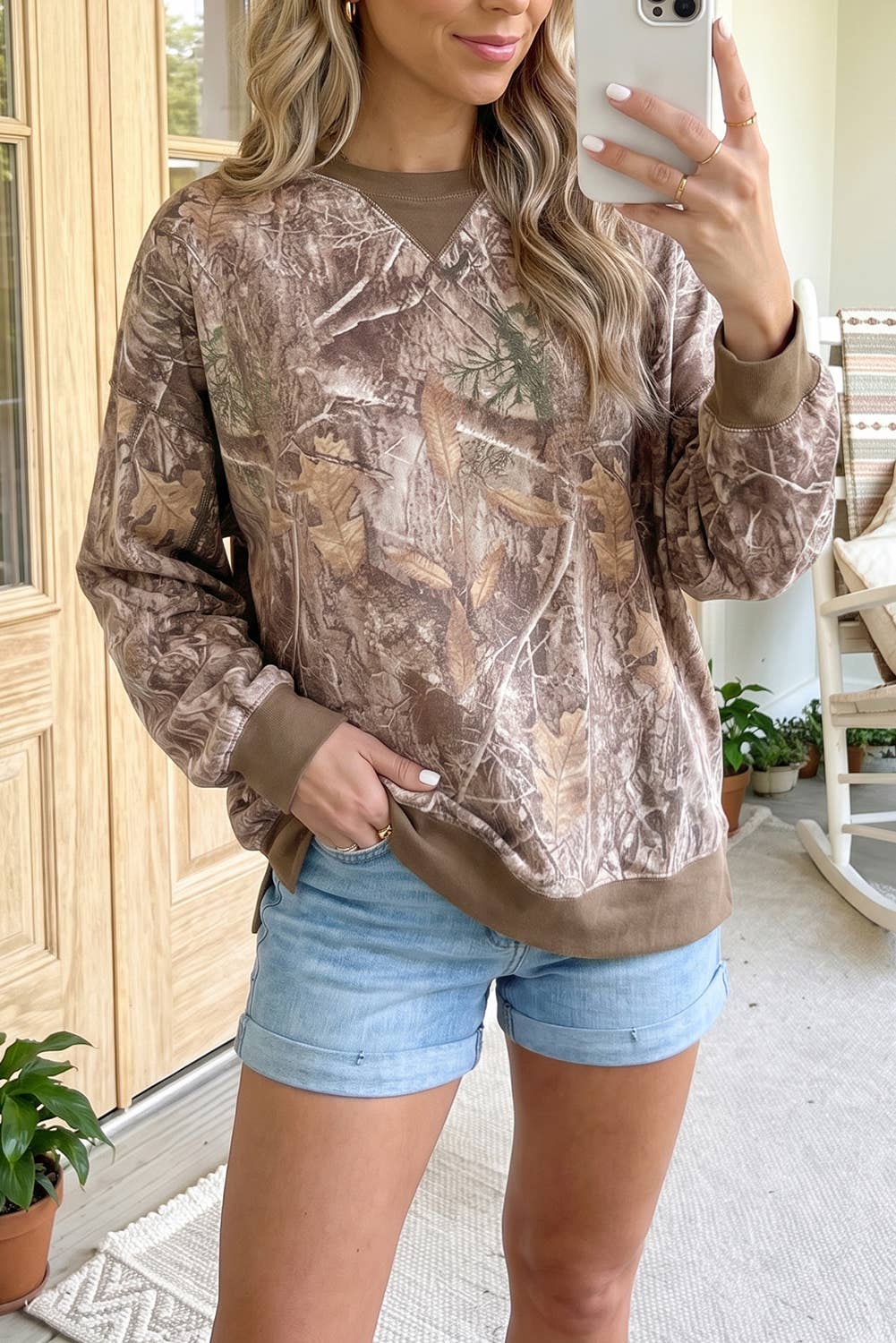 66 Abstract Camo Print Color Block Detail Sweatshirt (S-XL): Brown / S