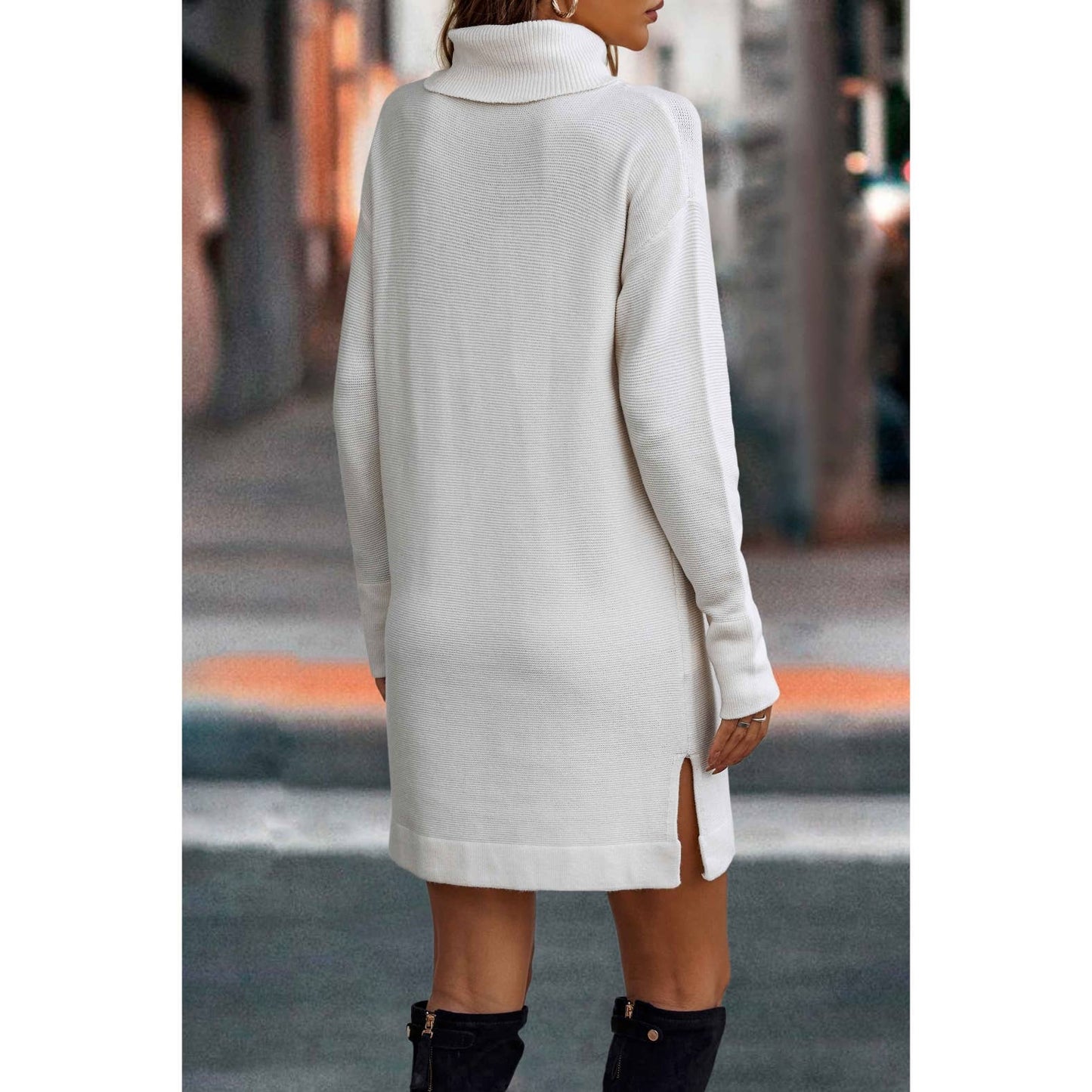 Roll Neck Knit Solid Sweater Dress: BLACK / M