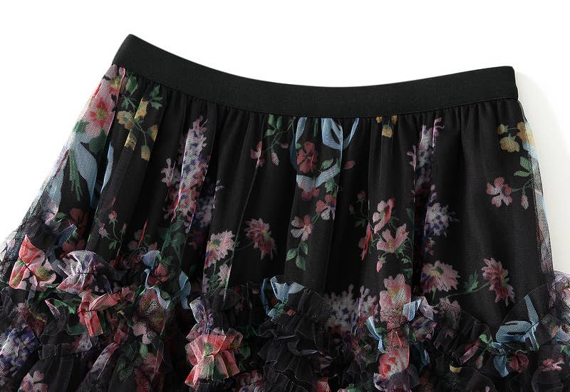 Floral tiered midi tulle skirt: Black / M