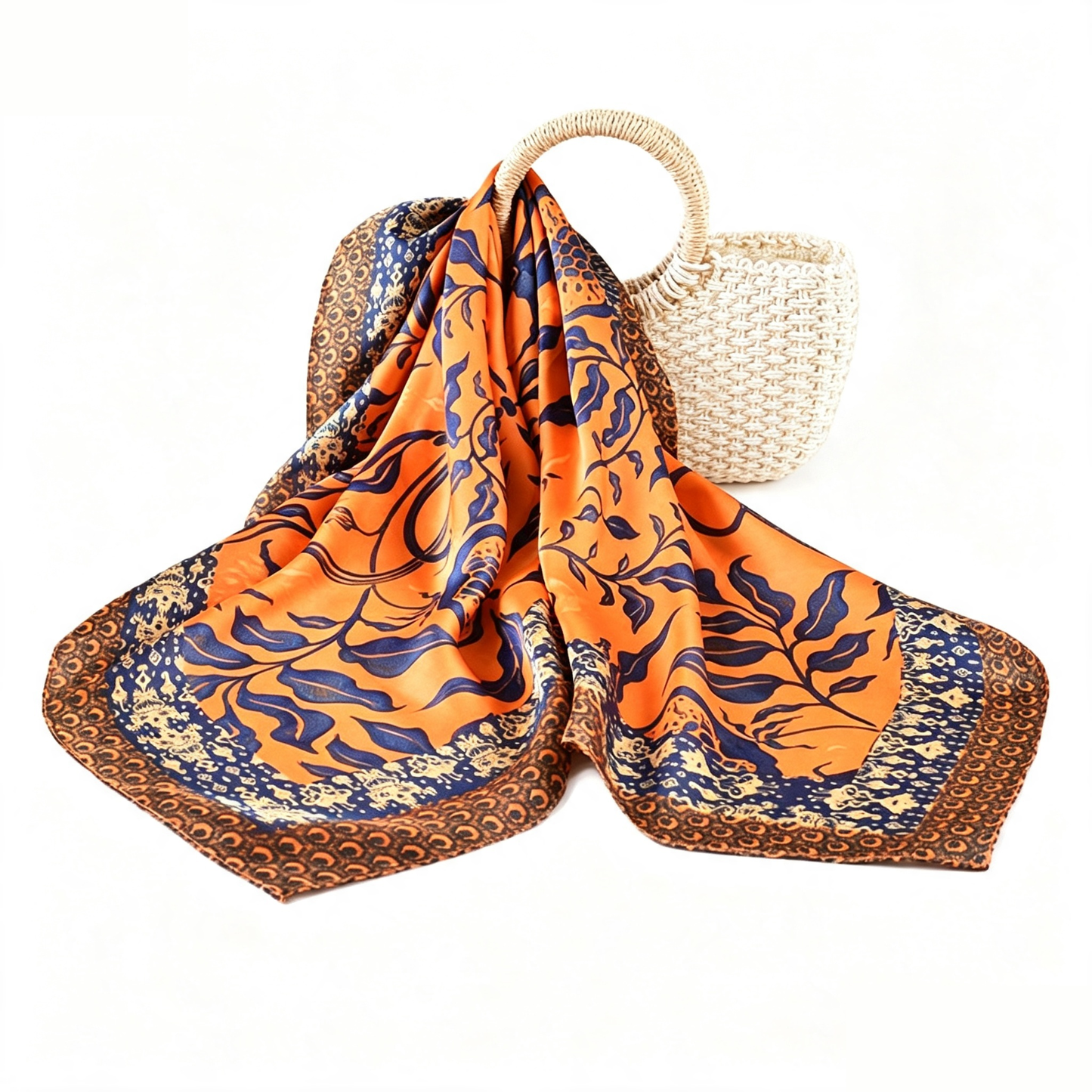Boho Floral Satin Hair Bandana | Silk Feeling Purse Scarf: Santorini Blue