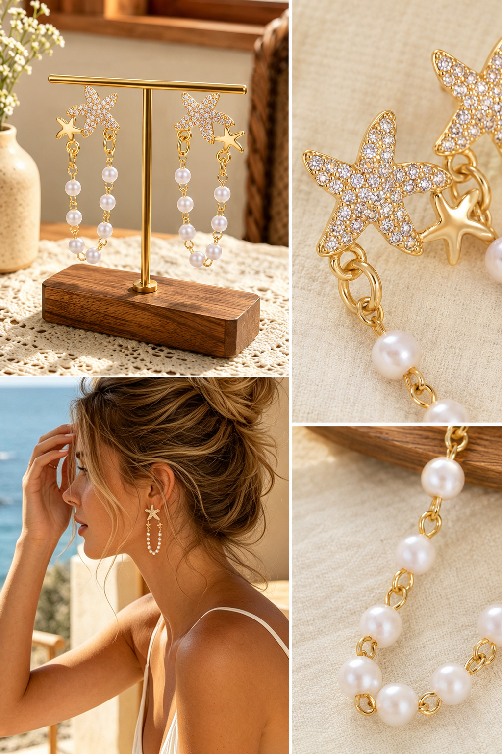 Minimalist Beach Dangle Earrings - Gold Pearl Starfish