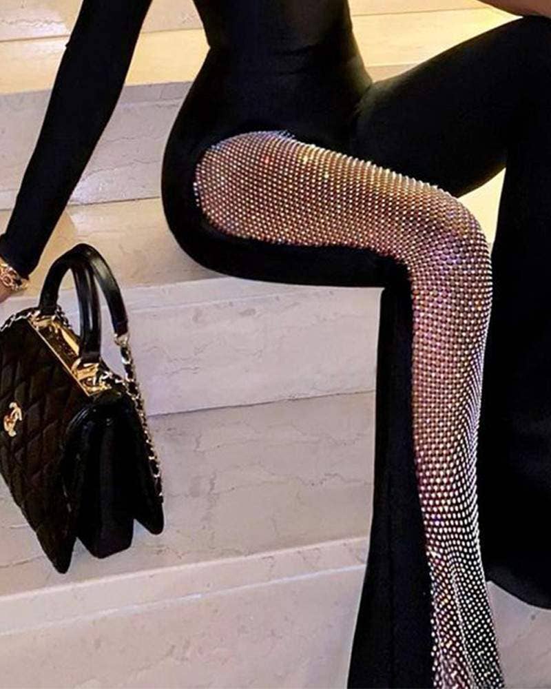 Rhinestone one shoulder flare leg skinny jumpsuit: BLACK / 1-1-1-1 / S-M-L