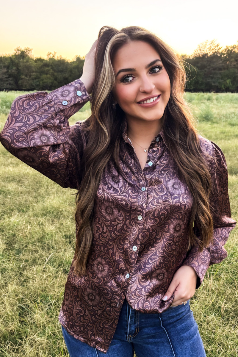 Bronzed Bloom Button Up: L