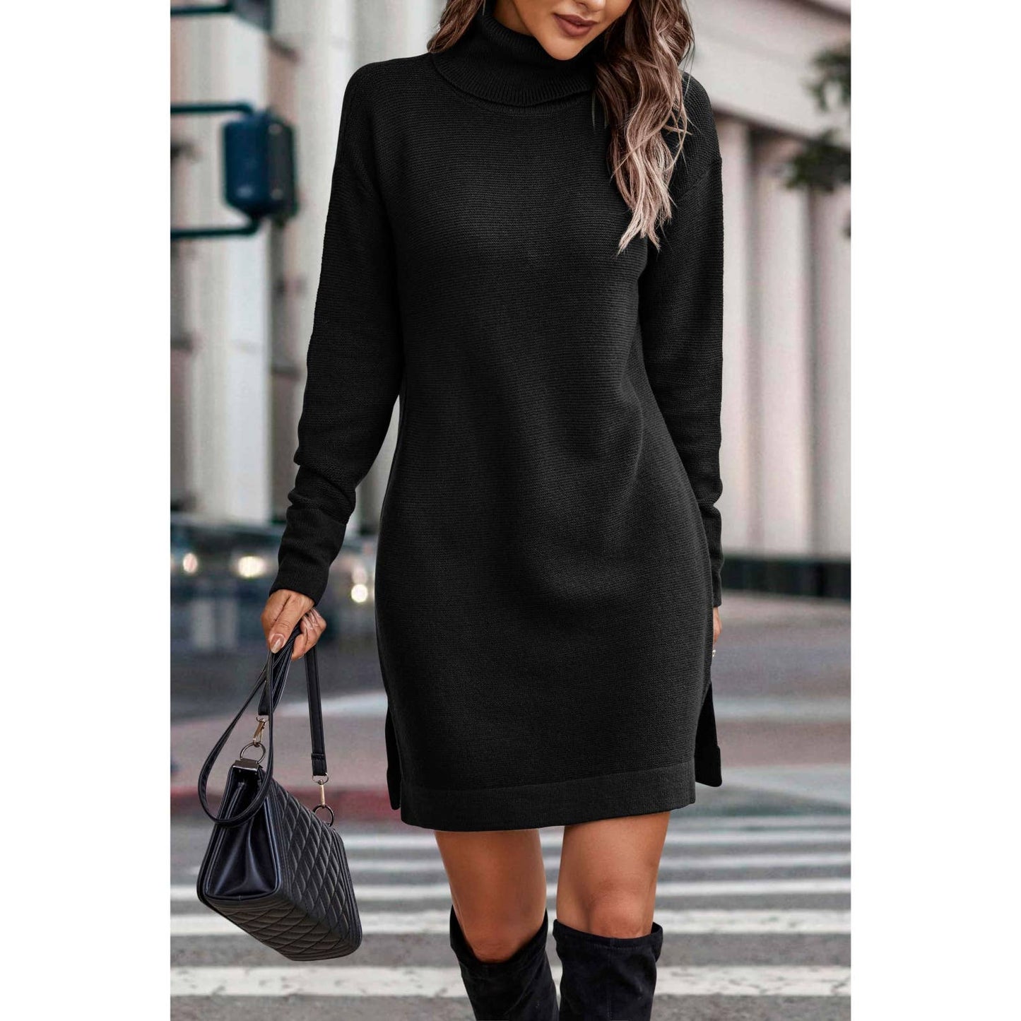 Roll Neck Knit Solid Sweater Dress: BLACK / M