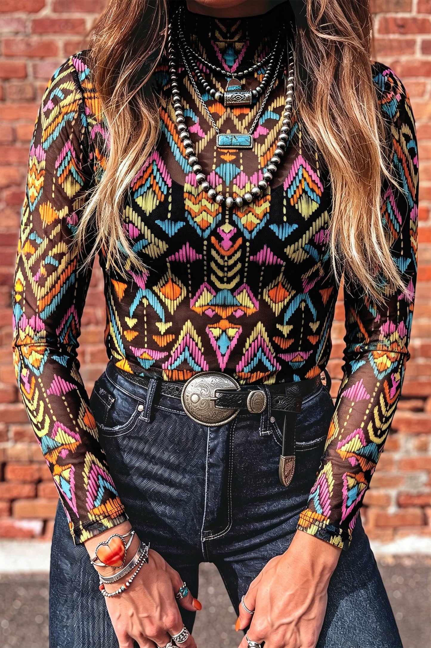 66 Fall 26 Abstract Pattern Mock Neck Mesh Top (S-XL): Color black / XL