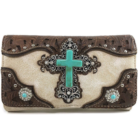 Turquoise Cross Pu Leather Western Crossbody Wallet: Beige