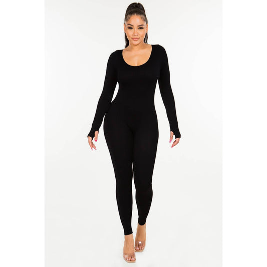 RIBBED ROUND NECK JUMPSUIT: BLACK / S/M