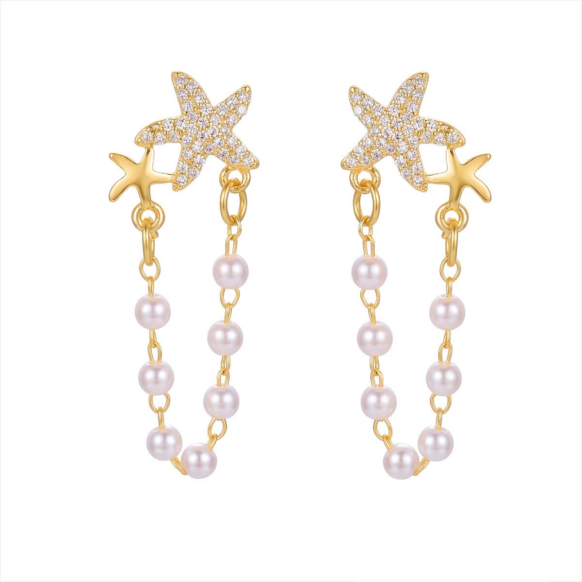 Minimalist Beach Dangle Earrings - Gold Pearl Starfish