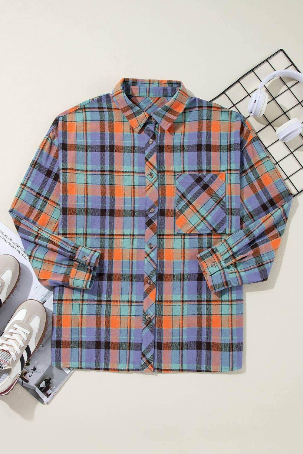 Plaid Long Sleeve Buttoned Shirt: Orange / M