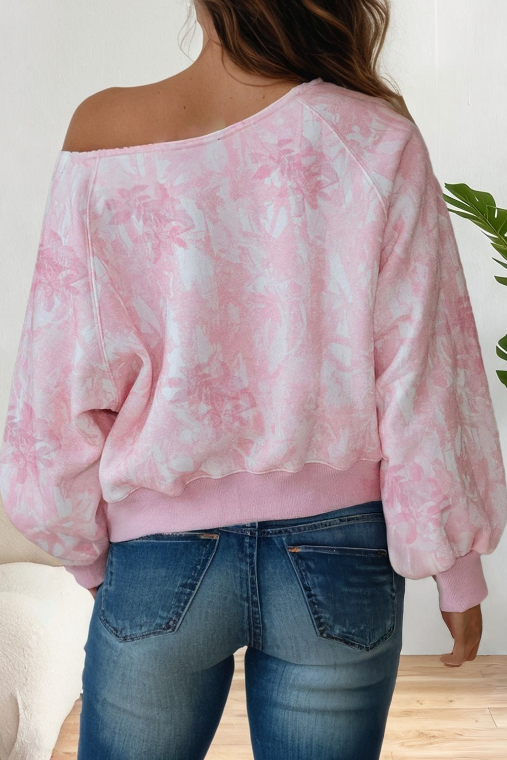 Camo Abstract Print Asymmetric Shoulder Long Sleeve Top: Pink Camo