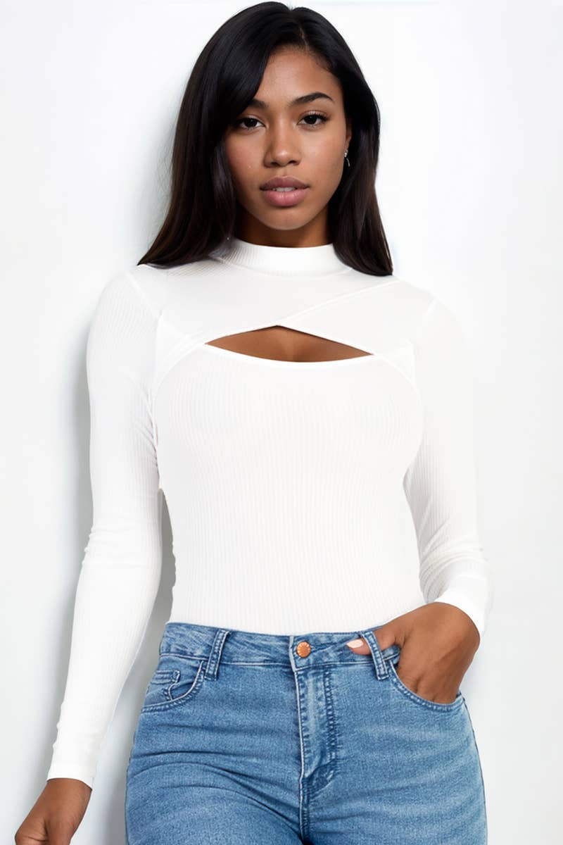 Front Cutout Long Sleeve Bodysuit: Black / M