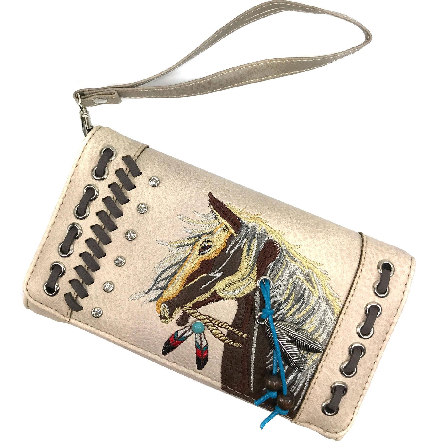Horse Embroidery Western Crossbody Wristlet Wallet: Turquoise
