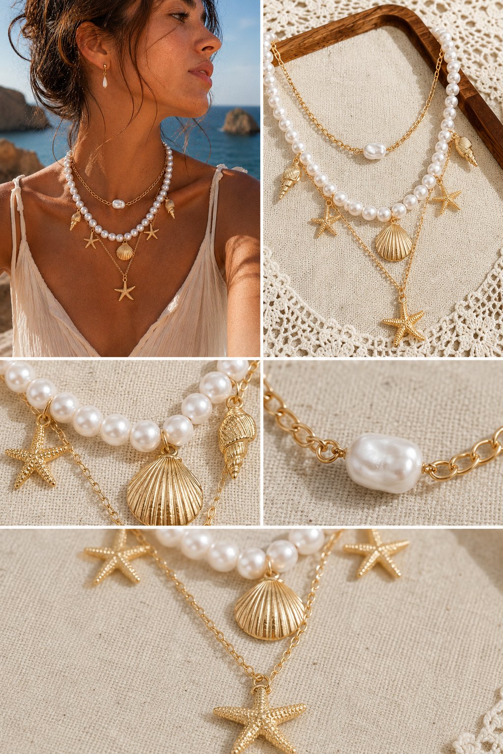 Ocean Life Pendant Necklace - 18K Gold Starfish Shell Conch: Gold Starfish & Pearl Strand