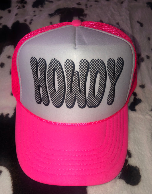 Checkered Howdy - Foam Trucker Cap -  Neon Pink & White