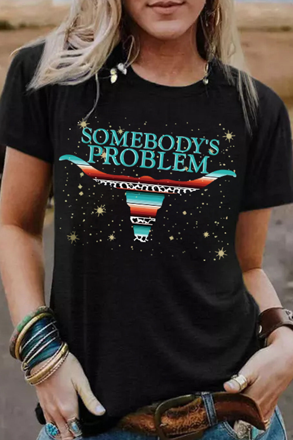 Somebody's Problem - Black Leopard Serape Longhorn Slogan Graphic Tee