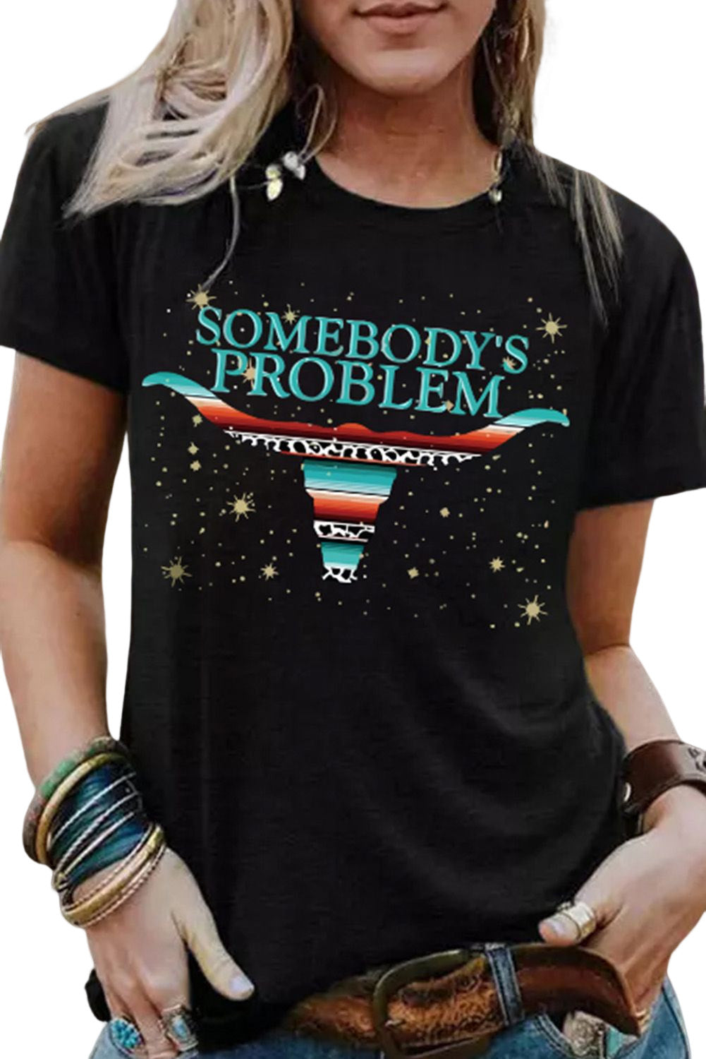 Somebody's Problem - Black Leopard Serape Longhorn Slogan Graphic Tee
