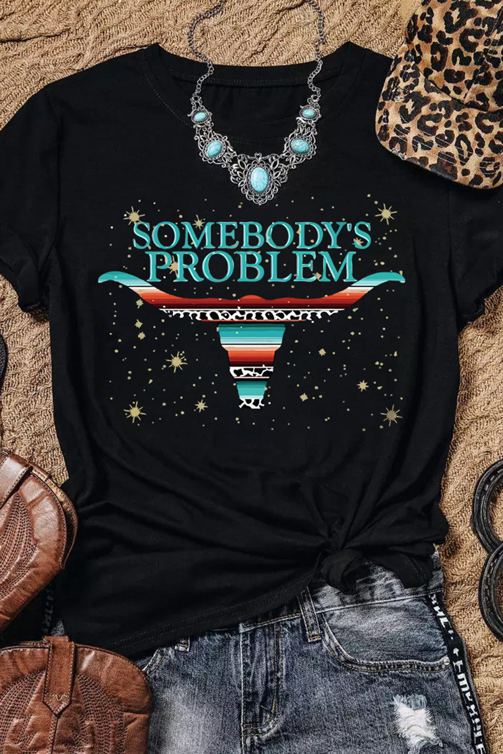 Somebody's Problem - Black Leopard Serape Longhorn Slogan Graphic Tee