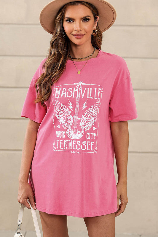 Pink Guitar Slogan Letter Graphic Print Oversized Tee