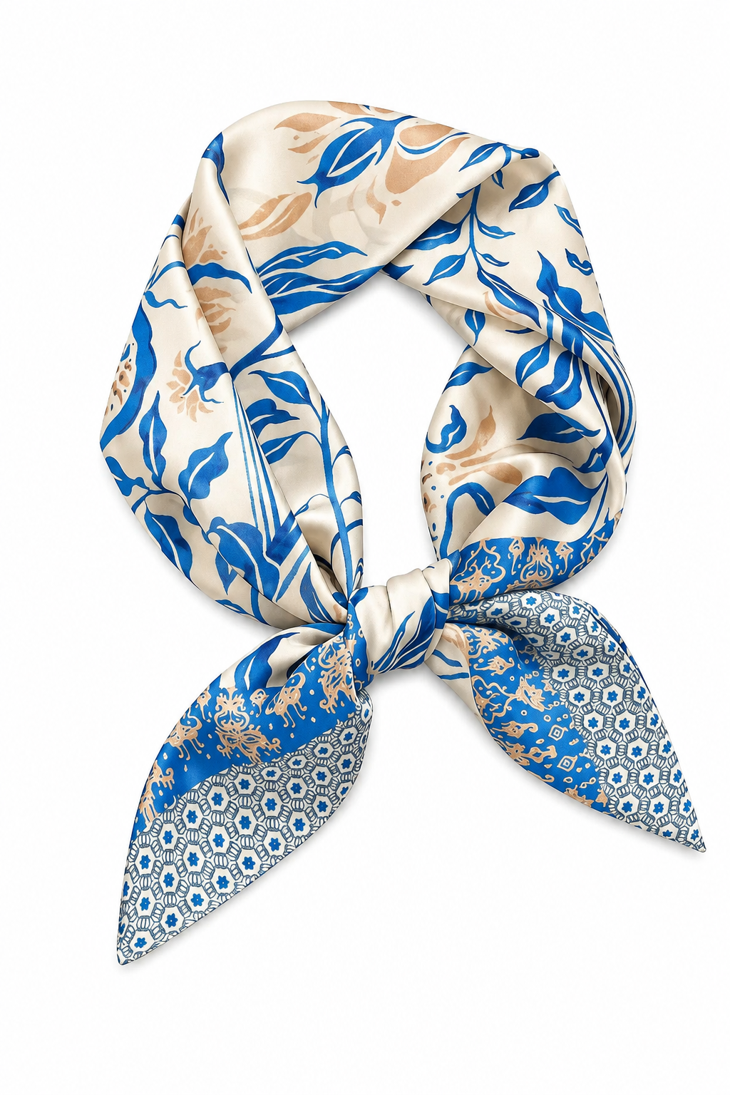 Boho Floral Satin Hair Bandana | Silk Feeling Purse Scarf: Santorini Blue