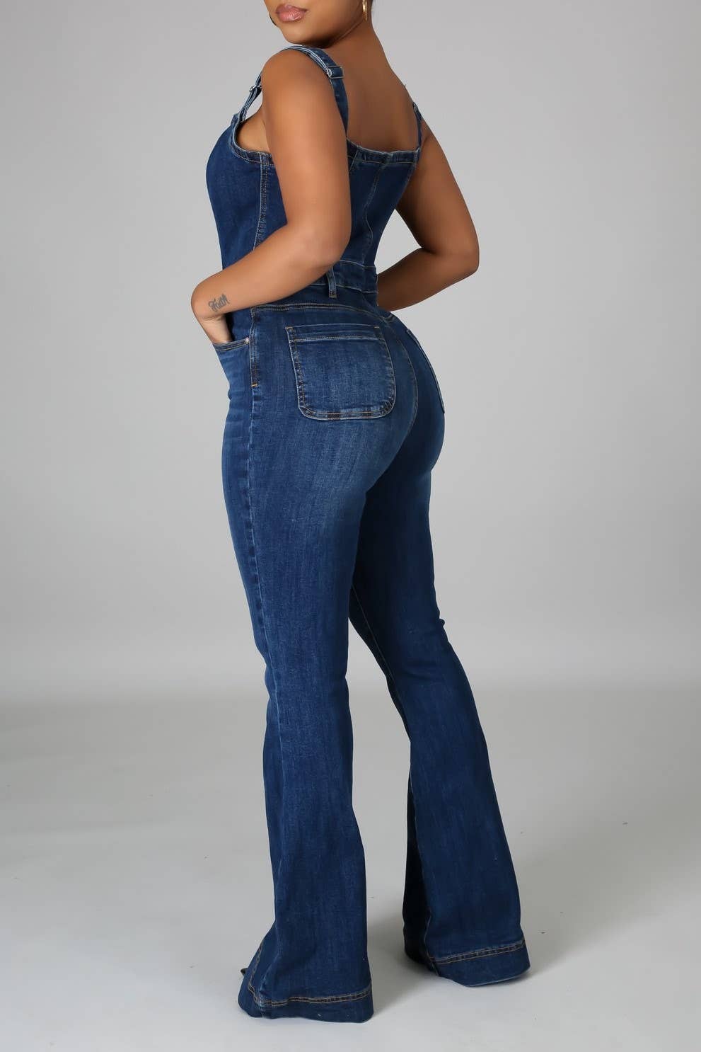 High rise Buttons denim bootcut overalls: Blue / L
