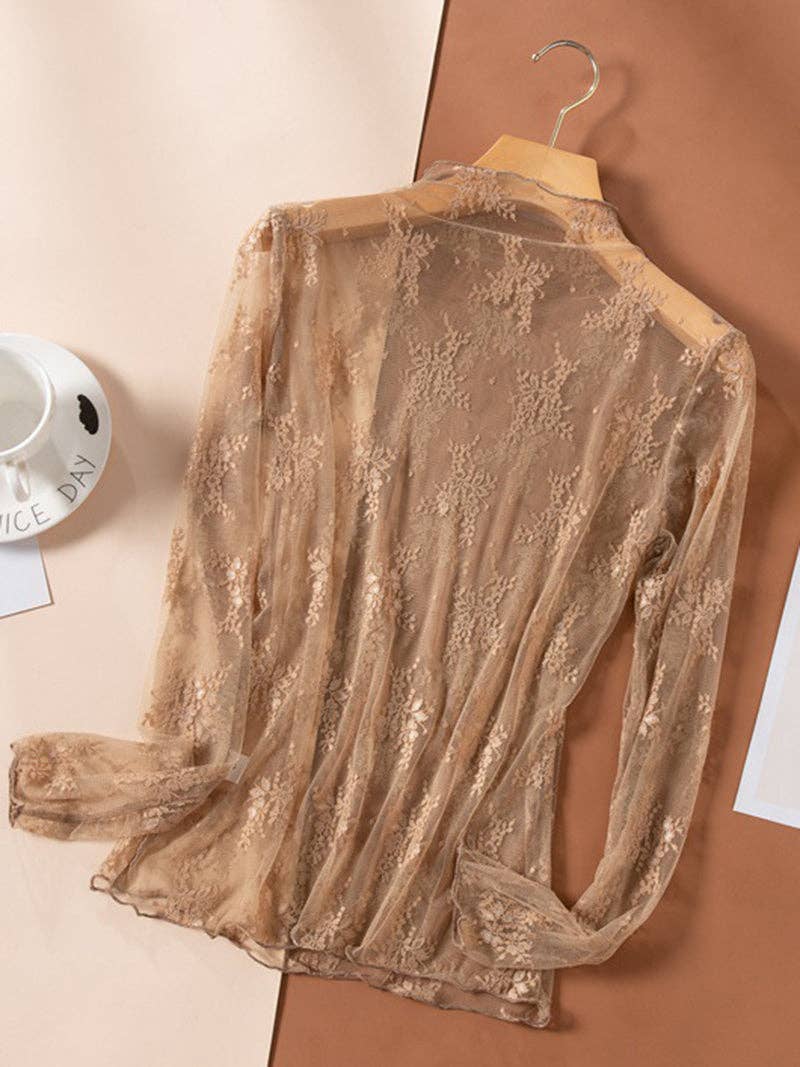 Lace Long Sleeve Top: BEIGE / L/XL