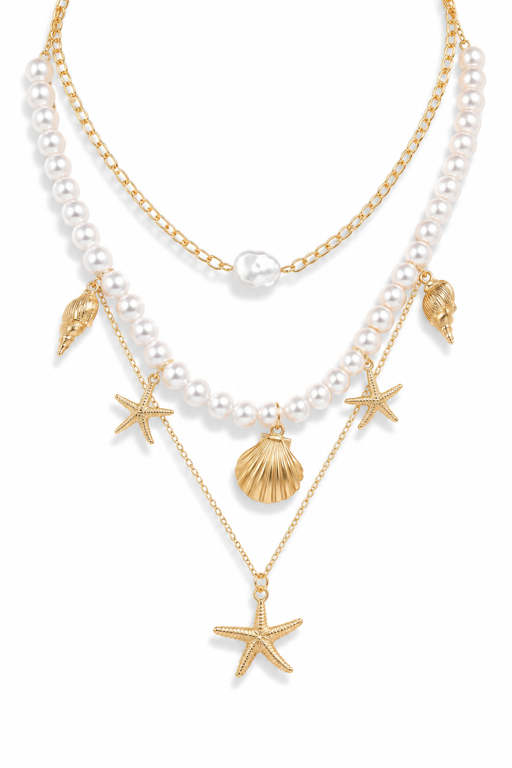 Ocean Life Pendant Necklace - 18K Gold Starfish Shell Conch: Gold Starfish & Pearl Strand
