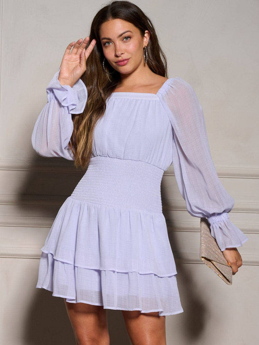 "IRIS" SQUARE NECK SMOCK TIERED RUFFLE DRESS*: LILAC