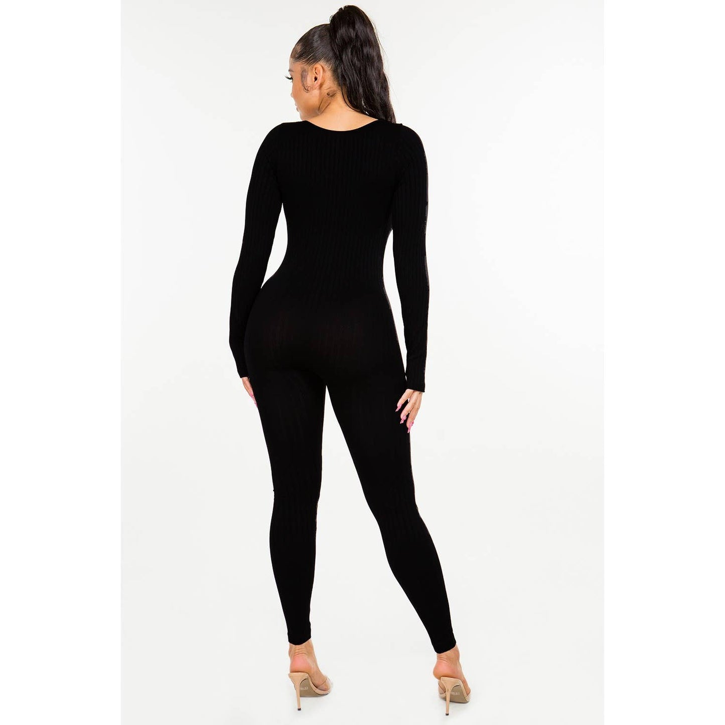 RIBBED ROUND NECK JUMPSUIT: ESPRESSO / M/L