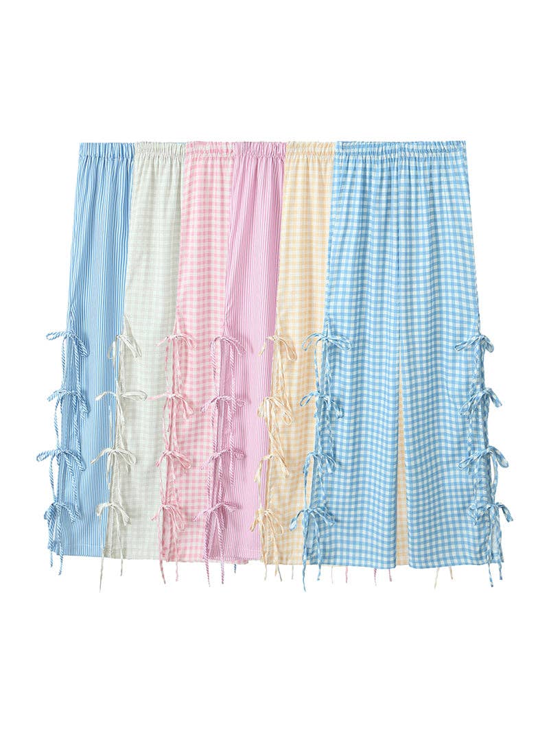 Gingham Side-Bow Pants: LIGHT BLUE / S