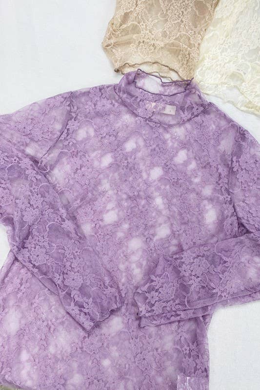 Floral print lace long sleeves top KRT1739: FUCHSIA / S